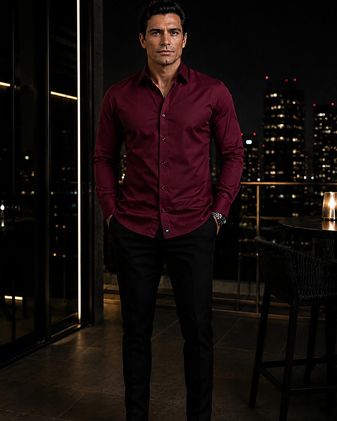 Modelo con camisa Humanity Rouge Noir, color vino, corte slim fit, en escenario nocturno urbano